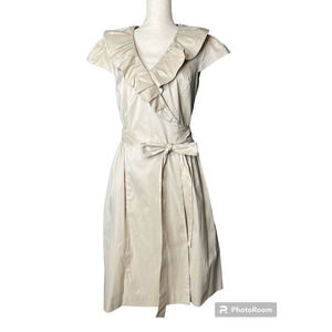 Suzi Chin for Maggy Boutique Wrap Midi Dress Size 12 in Beige Ruffled Neckline